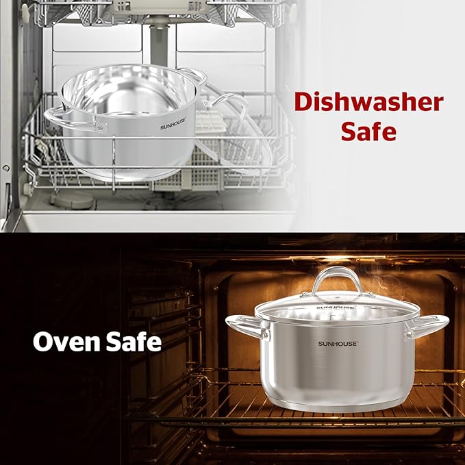 SUNHOUSE Stainless Steel Stock Pot - 12 Quart Heavy-Duty Induction Cooking Pot with Visible Lid for Pasta, Soup, Spaghetti - Nonstick Thick-Bottom Deep Stockpot for Canning, Boiling, and Simmering