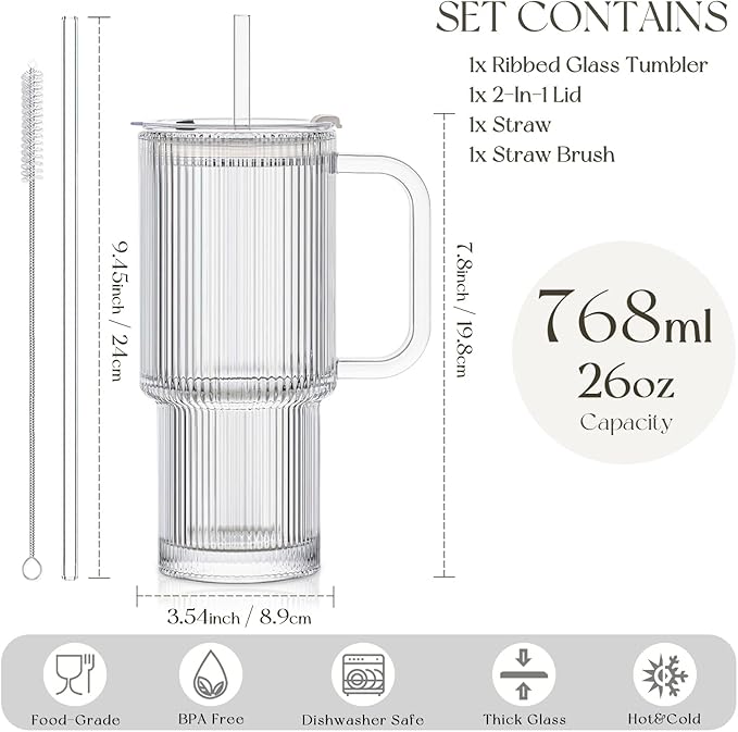 KEMORELA Large 26oz Clear Glass Mug with Handle and Sliding Lid – Aesthetic Ribbed Tumbler for Iced Coffee, Smoothies & Hot Drinks – Reusable Travel Cup with Straw, Dishwasher Safe (Ribbed Tumbler)