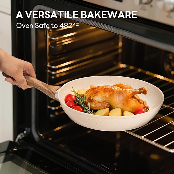 NEWBULIG 17-Piece Pots and Pans Set, Nonstick Cookware Set with Detachable Stay-Cool Handle, Non toxic Induction Kitchen Cooking Set, RV Friendly, Beige