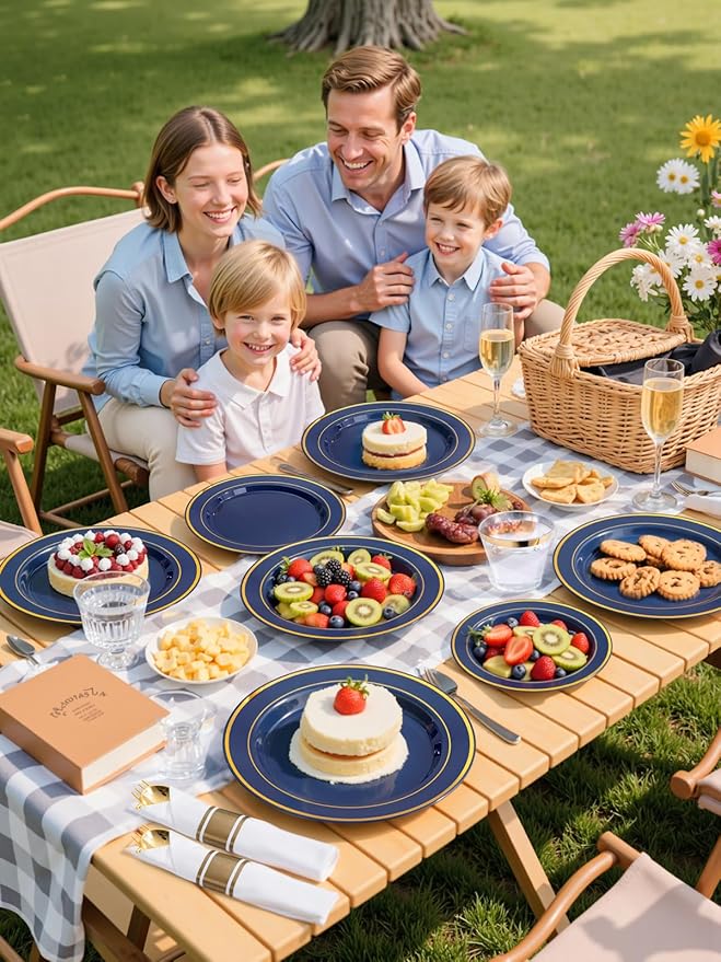 WDF Partyware 175PCS Blue and Gold Plastic Plates - Navy Blue Plates with Pre Rolled Napkins for Party - 25Guest Disposable Dinnerware Sets for Party/Birthday/Wedding/Graduation