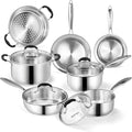 Stainless Steel Kitchen Cookware Set,11 Piece Pots and Pans Set with Steamer,Heat-resistant Handle,Non-Toxic,Induction,Oven,Dishwasher Safe