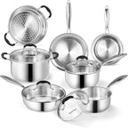Stainless Steel Kitchen Cookware Set,11 Piece Pots and Pans Set with Steamer,Heat-resistant Handle,Non-Toxic,Induction,Oven,Dishwasher Safe