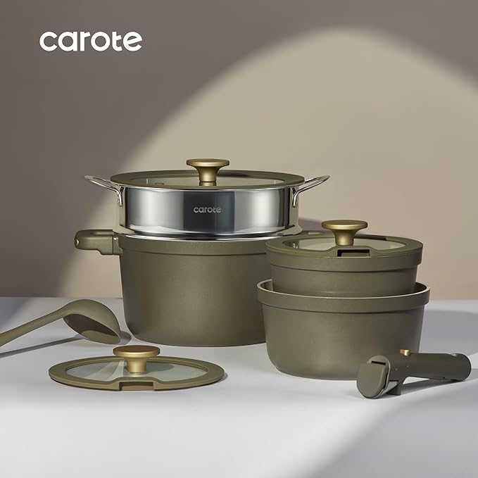CAROTE Pots and Pans Set Nonstick, Ceramic Cookware Set with Detachable Handles, 5.5QT/3QT/2QT Non stick Stock Pot, Non-toxic Induction Cookware PFAS and PFOA Free, Olive Gree