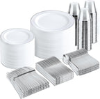 bUCLA 600pcs Silver Plastic Dinnerware Set for 100 Guests - Silver Christmas Dinnerware Set Disposable for Party - Include 100 Dinner Plates,100 Dessert Plates,100Cups,100 Knives,100 Forks,100 Spoons