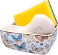 2 Compartments Ceramic Sponge Holder for Kitchen Sink, Cute Floral Countertop Dish Sponges Holder Soap Sink Organizer Farmhouse Caddy (Butterfly)