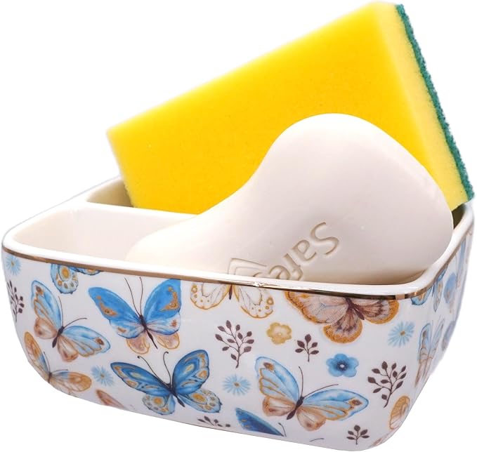 2 Compartments Ceramic Sponge Holder for Kitchen Sink, Cute Floral Countertop Dish Sponges Holder Soap Sink Organizer Farmhouse Caddy (Butterfly)