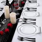 NOCCUR 350PCS Clear and Black Plastic Plates - Disposable Dinnerware Set for 50 Guests Include 100 Dinner/Dessert Plates,150 Black Cutlery,50 Cups&50 Napkins Ideal for Party/Birthday/New Year