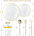 N9R 180 PCS Disposable Dinnerware Set with Gold Rim Clear Plastic Plates for 30 Guests, Include 30 Dinner Plates, 30 Dessert Plates, 30 Cups, 90 Heavy Duty Gold Plastic Silverware for Party & Wedding