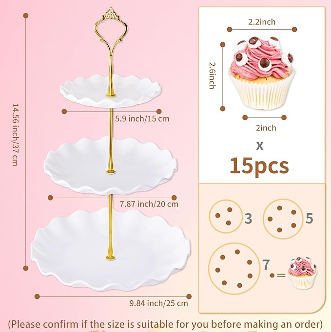 BACUTHY 3 Tier Cupcake Stand Holder, Plastic Cup Cake Stand Towel with Tiered Serving Tray for Cupcakes, Donuts, Fruits and More, White (White)