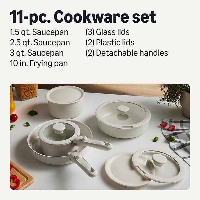 Amazon Basics Ceramic Nonstick Pots and Pans Set with Detachable handle, 11-Piece Stackable set, All Cooktop Friendly, Includes Saucepan, Frying pan, Ivory