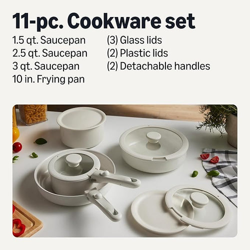 Amazon Basics Ceramic Nonstick Pots and Pans Set with Detachable handle, 11-Piece Stackable set, All Cooktop Friendly, Includes Saucepan, Frying pan, Ivory