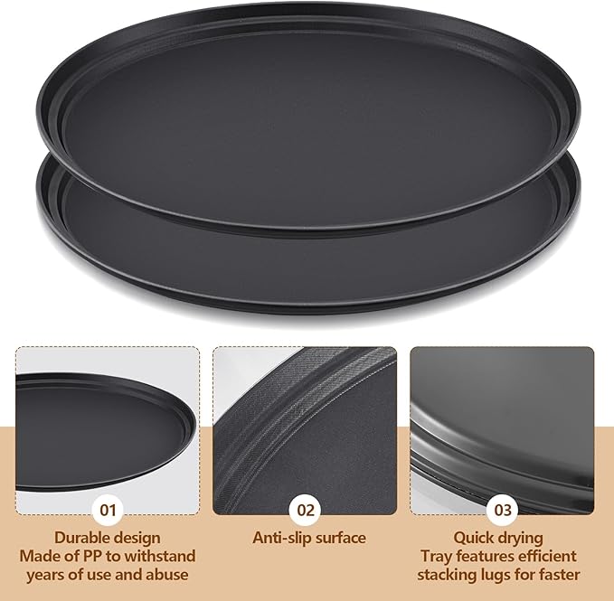 FillTouch 2 Pcs Restaurant Serving Trays PP Plastic Non Slip Rubber Lined Large Oval Tray for Kitchen Dining Room Cafeterias Fast Food Service (27 x 22 Inch,Black)