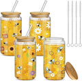 Mumufy 4 Pack Glass Cup with Bamboo Lid & Straw, 16 oz Iced Coffee Tumbler Set of 4, Honey Bee Floral Glass Cups, Reusable Clear Drinking Glasses for Iced Coffee, Tea, Smoothies, Gift for Women