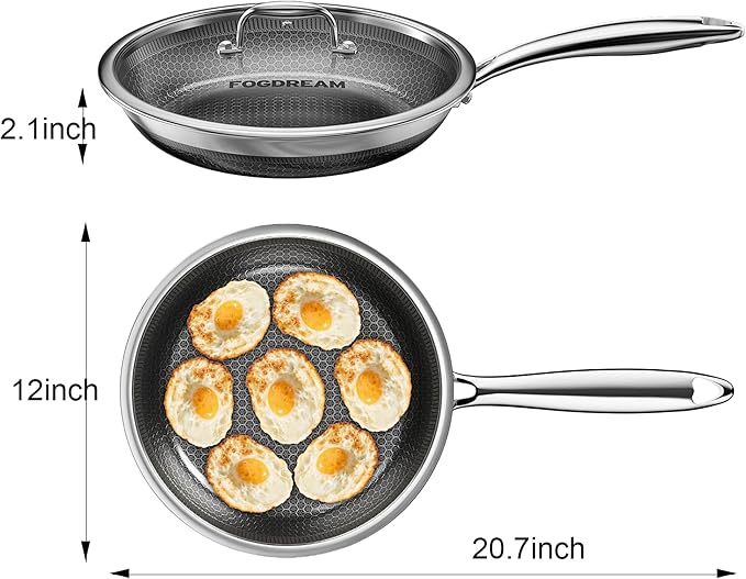FogDream Non Stick Frying Pans, 12 Inch Stainless Steel Skillet with Tempered Glass Lid Tri-Ply Stainless Steel for All Cooktops, Dishwasher & Oven-Safe Cooking Pan, Stay-Cool Handle, Silver