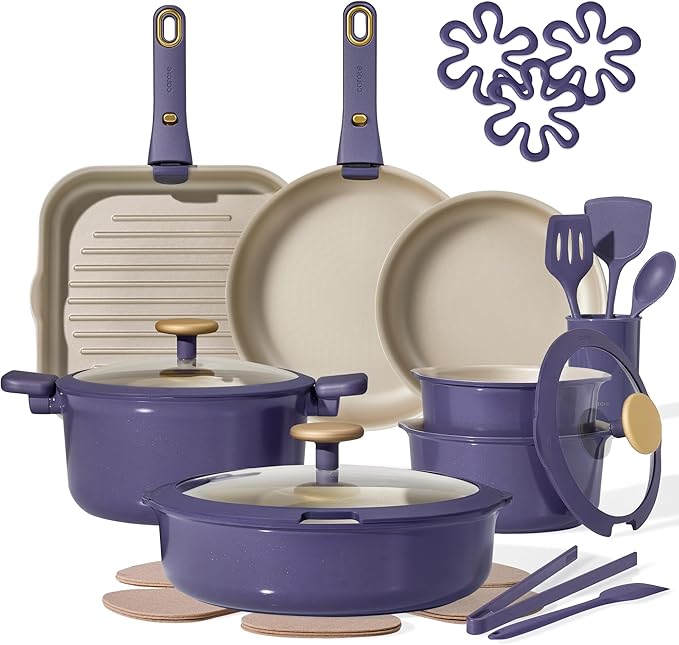 CAROTE 26Pcs Nonstick Pots and Pans Set, Nonstick Cookware Set with Detachable Handle, Induction Kitchen Cookware Sets Removable Handles, Dishwasher Safe, Oven Safe, Purple