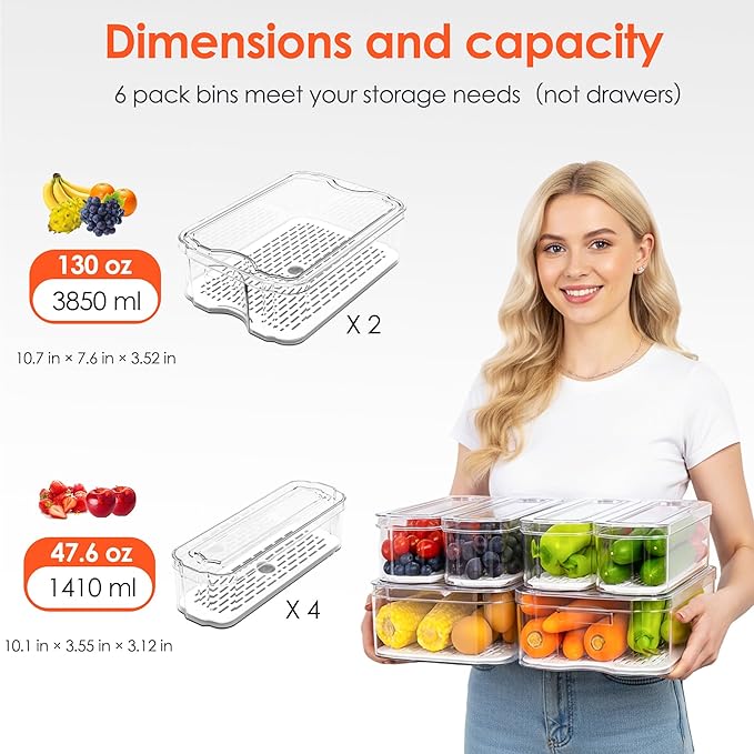 Fridge Organizers and Storage, 6 Pack Clear Freezer Organizer Bins with Lids for Kitchen, Pantry, Refrigerator, Food, Fruit, Vegetable Storage