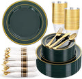 WDF Partyware 350PCS Green and Gold Plates - Green Plastic Plates 50Guests Plastic Plate with Rolled Napkins for Party/Birthday