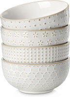 MALACASA Cereal Bowls, 30 Ounce Ceramic Soup Bowl for Kitchen, Stoneware Bowls Set of 4 with Embossment for Pho, Chip, Fruits, Salad, Noodle, Ramen - 6 Inch, Arctic White Series LYDIA