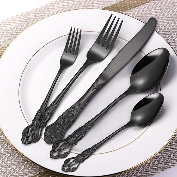 Gorgeous Retro Royal Black Silverware Set For 8,OIULO 40 Pieces Flatware Service 8,Stainless Steel Anti-rust Dark Fine Vintage Utensils Forks Spoons Knife,Antique Baroque Cutlery,Mirror Dishwasher