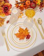 bUCLA 150Pcs Clear Gold Plastic Dinnerware Set - Clear and Gold Disposable Plates Include 25 Dinner / 25 Dessert Plates,25 Knives,25 Forks,25 Spoons,25 Cups for Party