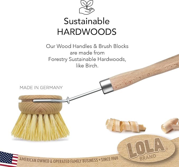 LOLA -The Original - Tampico Vegetable & Dish Brush, Sustainable Wood Ergonomic Handle w/Tampico Fiber Bristles, 1 Count