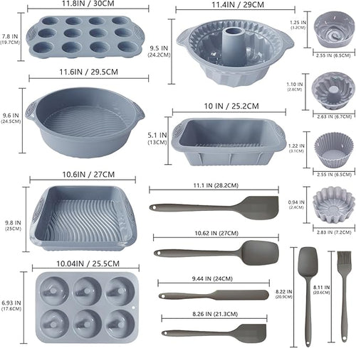 28 PCS Nonstick Silicone Baking Pans Set,With Baking Pan Cake Molds,Fluted Pans,Donut Pan,Muffin Pan,Nonstick Cake Pan Reusable Tube Oven Baking Mold for Muffin, Cake, Bread(Light Grey)