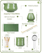 ZENS Matcha Whisk Set, 7pcs Matcha Set Includes Emerald Green Bowl and Matcha Cup, Bamboo Whisk & Scoop, Chasen Holder, 304 Sifter, Tea Mat, Matcha Kit for Latte Making