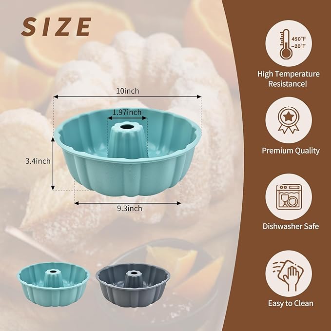 2 Pack Silicone Cake Pan Nonstick,10 Inch, Silicone Cake Molds,Pound Cake Pan, Baking for Jello,Gelatin,Cake,Brownie and Bread (Grey+Blue)