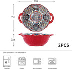 2 Pack Boho Ceramic Serving Bowls with Handles, 40 Oz Porcelain Salad Bowls, Large Serving Dishes for Entertaining, Mixing Bowls for Soup, Stew, Pasta, Cereal, Colorful Embossed Cute Bowls Set SH