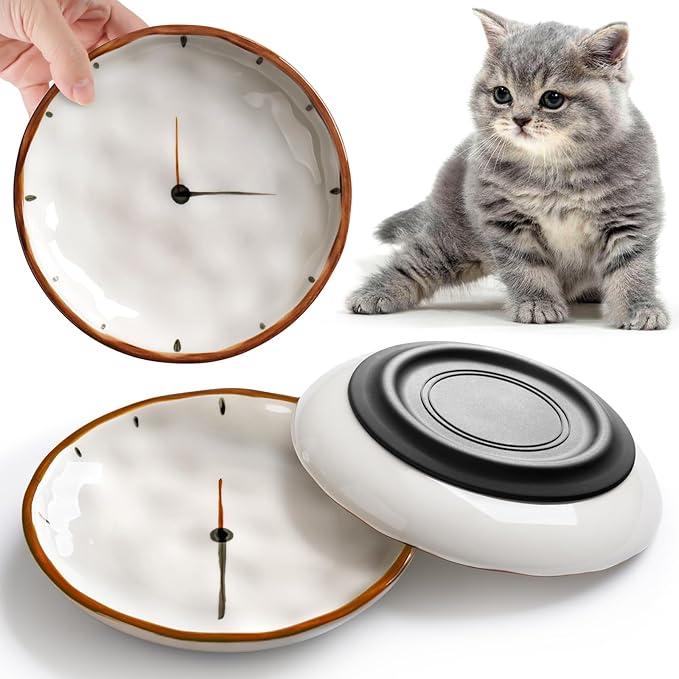 WROSWT Clock Cat Food Bowl,Non-Slip Silicone Bottom Cat Bowls for Indoor Cats,Anti Whisker Fatigue Cats Dishes Set,Shallow Wide Kitten Plates for Food and Water,3 Pack