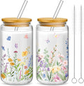 Mumufy 2 Pack Bridesmaid Gift Glass Cups, Cute Flower Mason Jars with Bamboo Lids & Straws, 16oz Iced Coffee Tumblers for Wedding, Bridal Party, Birthday, Mother's Day(Wild Flower1)