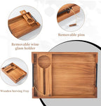 Serving Tray with Handles, 17"x12" Wooden Tray with Removable Wine Glass Holder Ottoman Tray Wood Serving Trays with Metal Handles for Breakfast, Dinner, Coffee Table, Food Drinks