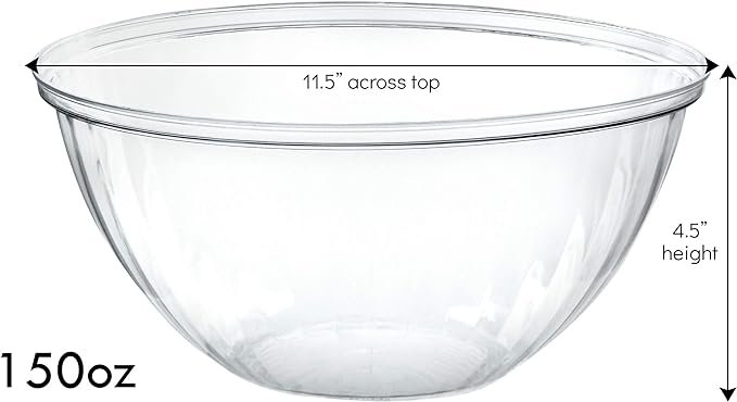 PLASTICPRO Disposable 150 Ounce Round Crystal Clear Plastic Serving Bowls for Snack or Chip ,Candy Dish, Party Salad Container Pack of 2