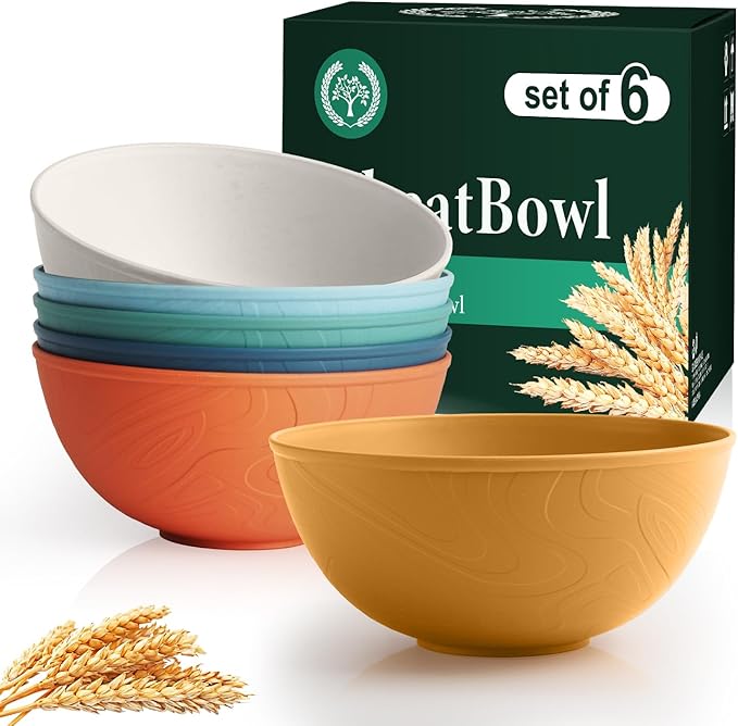 Homienly Wheat Straw Bowls Cereal Bowls 40 OZ Unbreakable Thick Soup Bowls Alternative Plastic Cereal Bowls for Kitchen, RV, Camping Microwave and Dishwasher Safe Bowl Set Reusable (Multi, 6 PCS)
