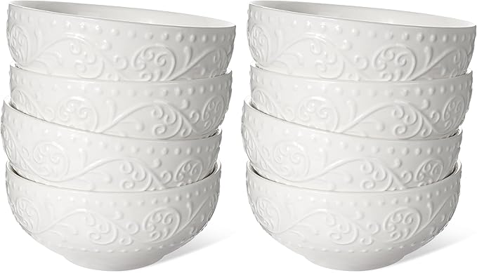 Artena Ceramic Cereal Bowls 26 oz, Embossment Soup Bowls Set of 4, White Salad Bowl for Kitchen, Dinner, Breakfast, Oatmeal, Rice, Pasta, Dishwasher Microwave Safe, 6 inch (Lianas) (Pack of 2)