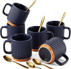 6 Set Ceramic Coffee Mugs with Spoons Set, Textured Ceramic Mugs with Handle, Dishwasher Microwave Safe, Aesthetic Tea Mug for Home Office, Coffee Lover Gift (Dark Blue)