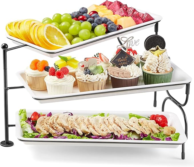 Lifewit 3 Tier Serving Tray, 36 x 17 cm/14 x 6.5 White Plastic Tiered Food Serving Platters, Rotating Tiered Tray Stand for Party with Black Collapsible Metal Stand, Dessert Table Stands for Cookies
