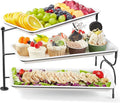 Lifewit 3 Tier Serving Tray, 36 x 17 cm/14 x 6.5 White Plastic Tiered Food Serving Platters, Rotating Tiered Tray Stand for Party with Black Collapsible Metal Stand, Dessert Table Stands for Cookies
