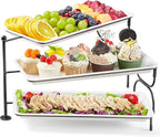 Lifewit 3 Tier Serving Tray, 36 x 17 cm/14 x 6.5 White Plastic Tiered Food Serving Platters, Rotating Tiered Tray Stand for Party with Black Collapsible Metal Stand, Dessert Table Stands for Cookies