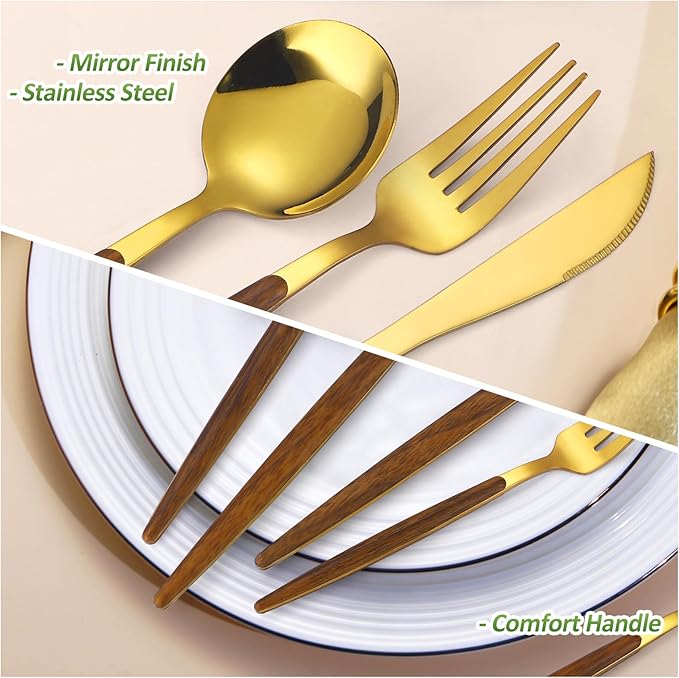 20-Piece Gold Silverware Set with Cake Fork, Stainless Steel Flatware Cutlery Set for 4, Tableware Eating Utensils Set with Wooden effect Handle, Knife Fork Spoon, Mirror Finish, Dishwasher Safe