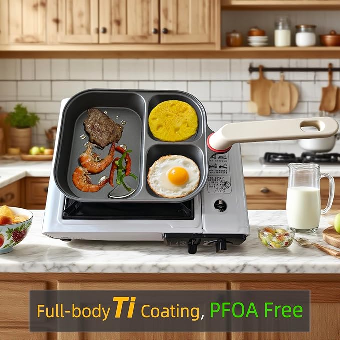 Titanium Nonstick Egg Pan 9.25" - 2 Round & 1 Square Compartments, PFOA/PTFE Free, Works on Gas/Induction/Electric Stovetops, Cooks Bacon, Pancakes & Eggs Simultaneously