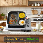 Titanium Nonstick Egg Pan 9.25" - 2 Round & 1 Square Compartments, PFOA/PTFE Free, Works on Gas/Induction/Electric Stovetops, Cooks Bacon, Pancakes & Eggs Simultaneously