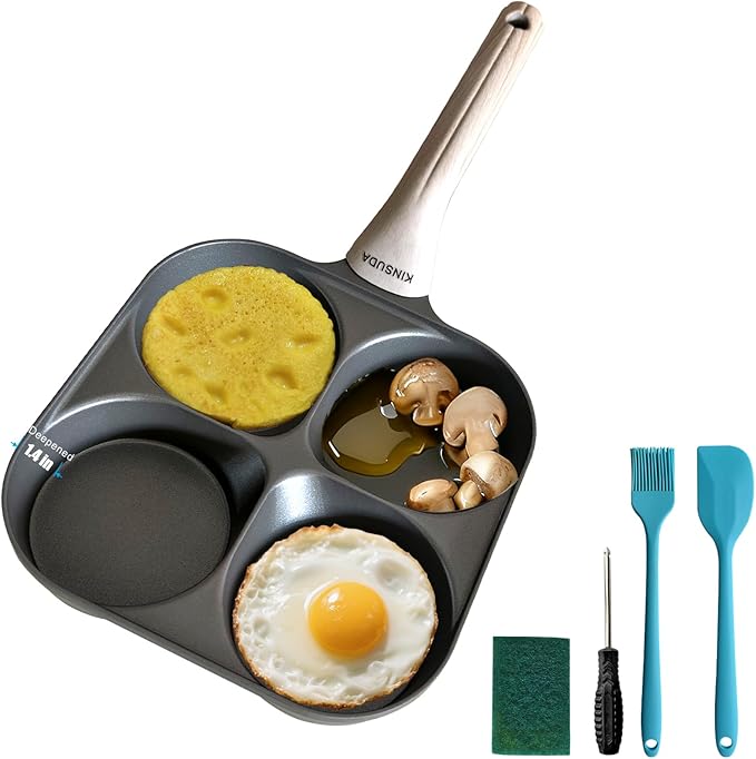 4-Cup 4-Hole Divided Titanium Nonstick Egg Pan, Induction Compatible 4-in-1 Breakfast Skillet for Pancakes, Burger Patties, Omelettes, PFOA-Free, Fast Heating, Dishwasher Safe