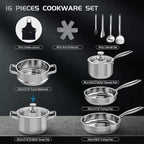 Meythway Pots and Pans Set Non Toxic, 16PCs Stainless Steel Cookware Set with Steamer, Kitchen Induction Cookware with Utensil Sets, Pot Protectors and Apron For Oven & Dishwasher Safe