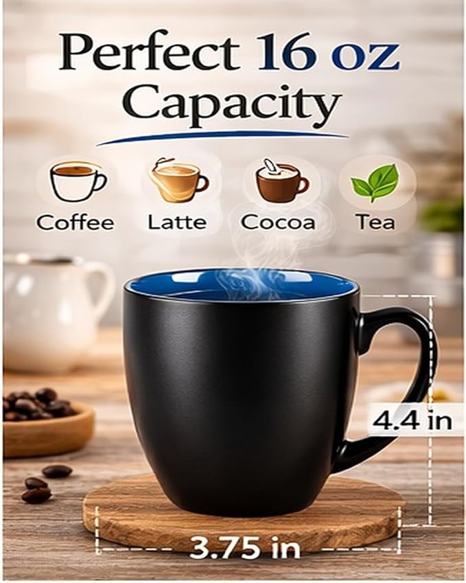 GBhome 16oz Coffee Mugs Set of 6, Large Ceramic Coffee Mugs for Man, Woman, Dad, Mom, Modern Coffee Mugs Set with handle for Tea/Latte/Cappuccino/Milk/Cocoa. Dishwasher&Microwave Safe,Blue