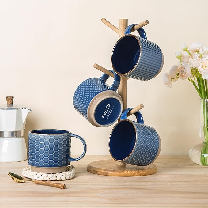 GBHOME 12 OZ Stackable Coffee Mugs, Ceramic Coffee Mugs with Texture Patterns for Man,Woman,Dad,Mom, Modern Coffee Cups Set of 4 for Latte/Cappuccino/Cocoa. Dishwasher&Microwave Safe
