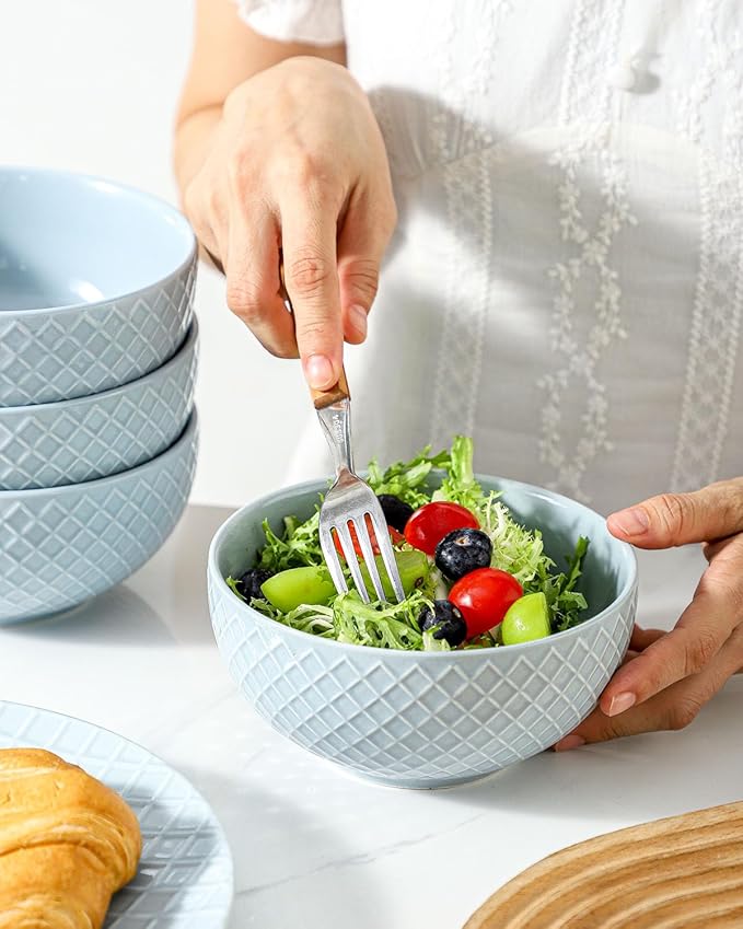 HASENSE Cereal Bowls Set of 4, 26 OZ Ceramic Soup Bowls, Stoneware Porcelain Cereal Bowls for Soup, Cereal, Oatmeal, Fruit, Salad, Embossed Pattern, Microwave & Dishwasher Safe, Blue