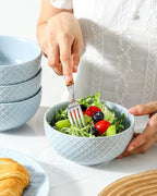 HASENSE Cereal Bowls Set of 4, 26 OZ Ceramic Soup Bowls, Stoneware Porcelain Cereal Bowls for Soup, Cereal, Oatmeal, Fruit, Salad, Embossed Pattern, Microwave & Dishwasher Safe, Blue
