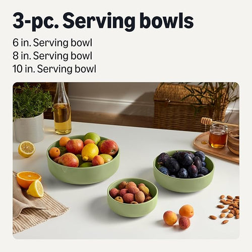 Amazon Basics Glazed Stoneware Serving Bowls, 3-Piece Set, Dishwasher-Safe, Microwave-Safe, Olive