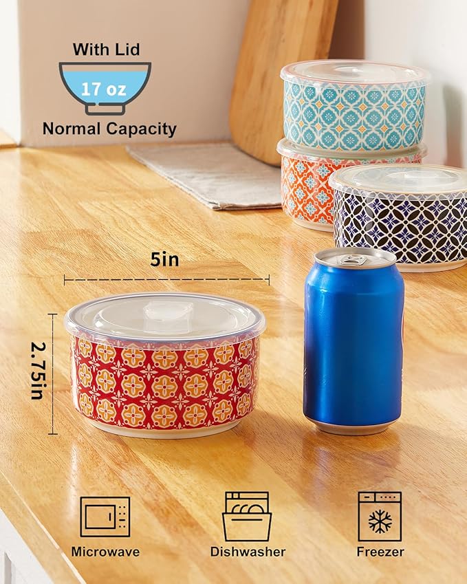 Metahom Ceramic Bowl Set with Lids, Serving Bowls with lids, 5 Inch Prep Bowls for Kitchen, Lunch, Picnic, Microwave & Dishwasher Safe, 20 Oz Set of 4